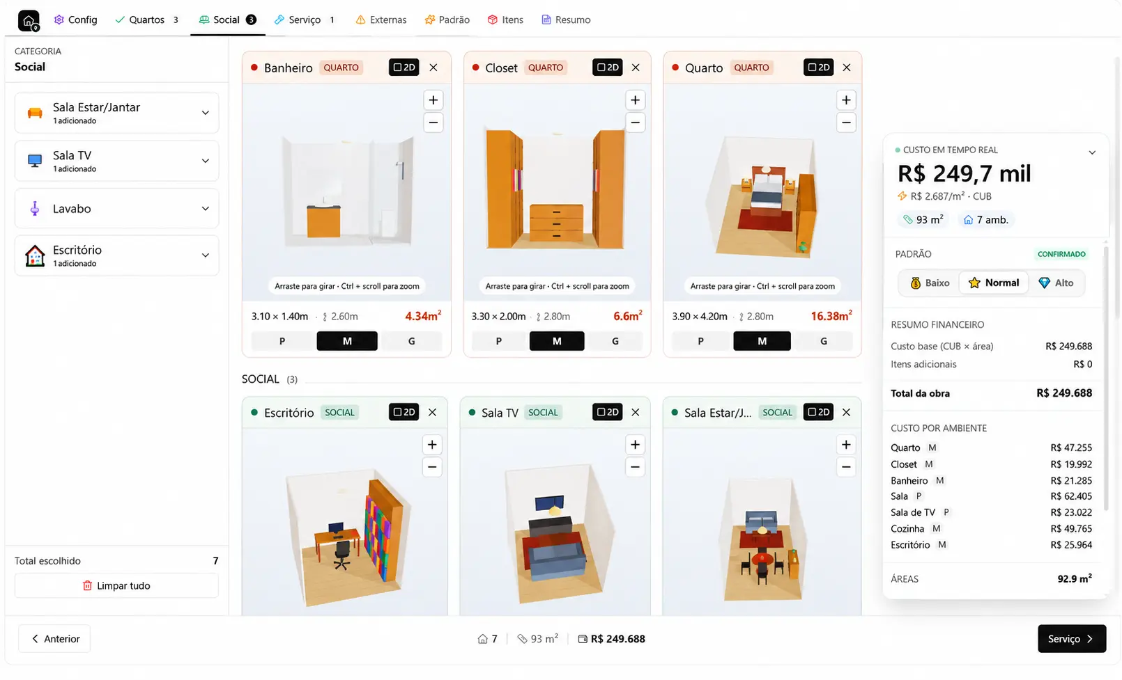 Tela real do Viabita com ambientes em três dimensões e painel de estimativa de custo